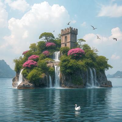 The primary subject of the image is a large, castle-like structure with a waterfall, surrounded by a lush garden. The setting is a body of water, with the castle and waterfall as the main focus. The visual style is a combination of photo and digital art, creating a unique and intriguing scene. The colors and mood are vibrant and lively, with the castle and waterfall adding a sense of wonder and enchantment to the image.
